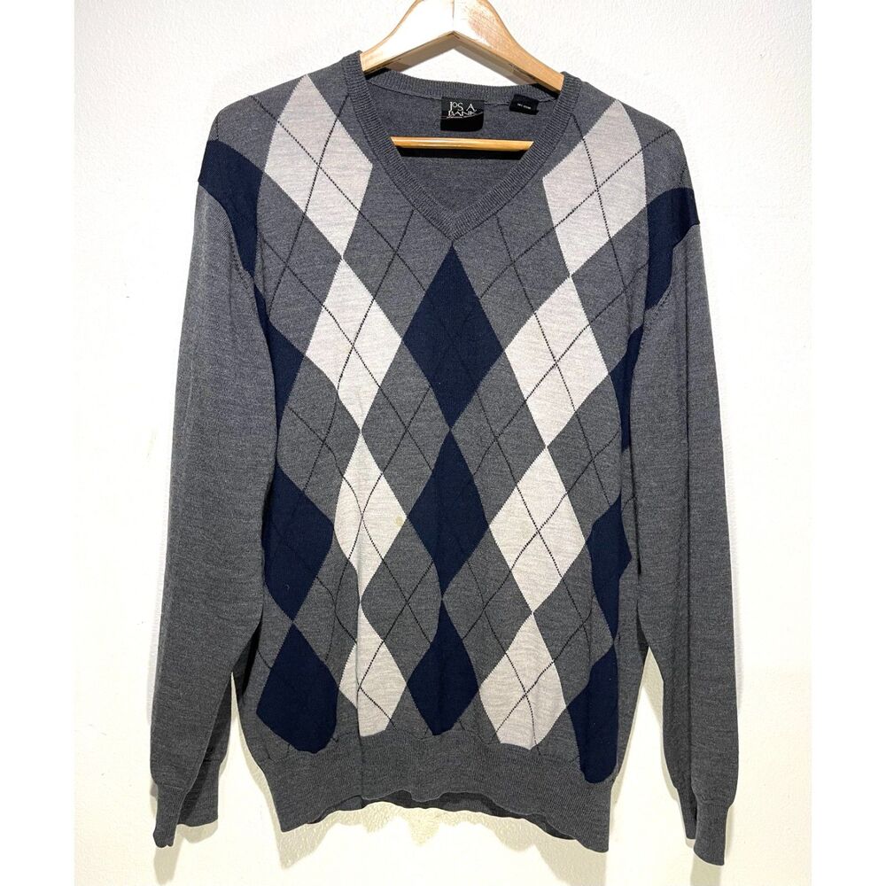JoS. A Bank signature collection merino wool sweater argyle gray business men XL
